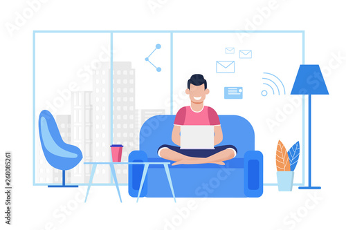 Young Cartoon Guy Working on Laptop Illustration