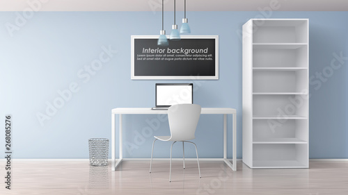 Home workplace in apartment room minimalistic interior 3d realistic vector mockup. Painting frame with sample text under work desk with laptop on it, chair and rack with empty bookshelves illustration