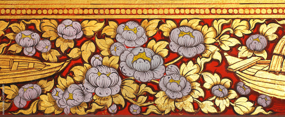 Fototapeta premium Traditional Thai style art on wall of temple 