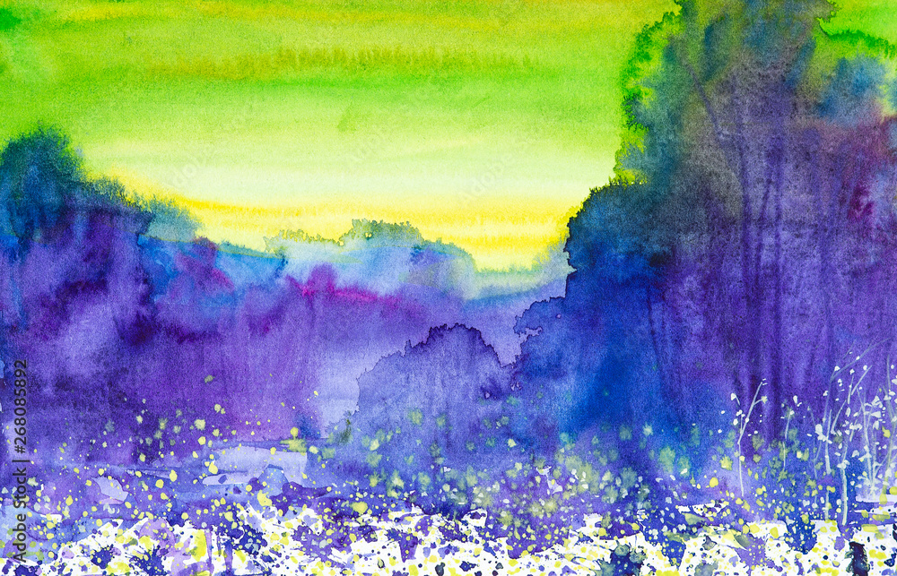 Watercolor illustration of the forest at sunset