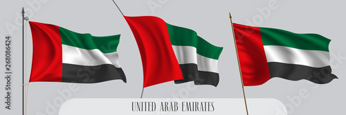 Set of United Arab Emirates waving flag on isolated background vector illustration