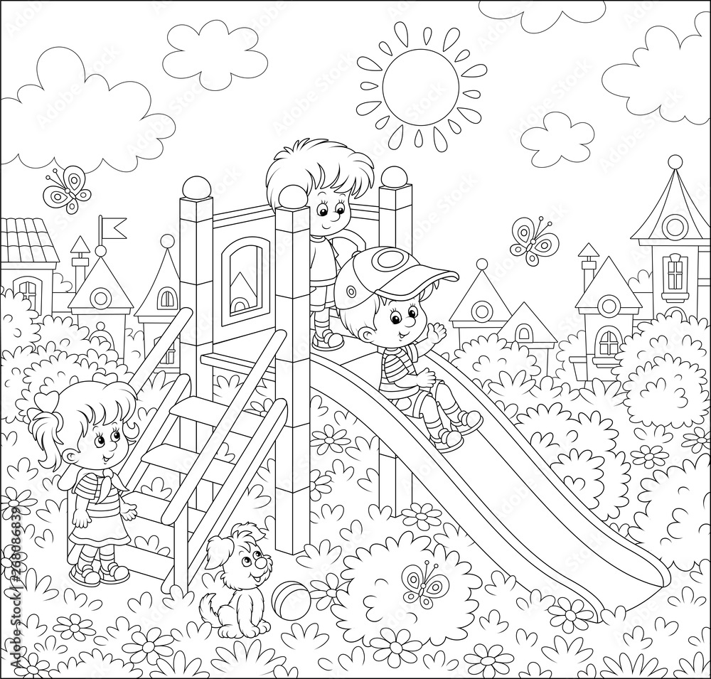 Little children playing on a slide on a playground in a park of a small town on a sunny summer day, black and white vector illustration in a cartoon style for a coloring book