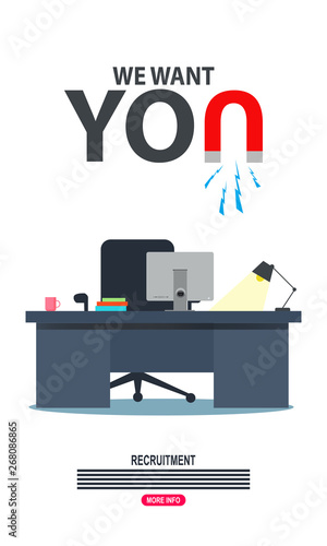 Office workplace with vacancy sign. Empty seat, chair in room for employee. Business hiring, recruitment concept. Vector illustration in flat style - Vector
