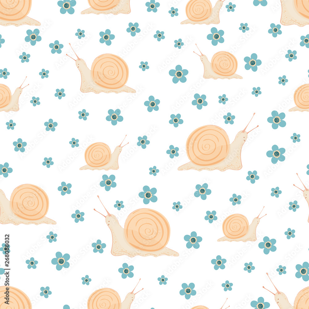 Seamless pattern with cute snails and flowers on a white background. Pattern for fabric, textile, wallpaper, wrapping paper, clothes. Vector illustration.