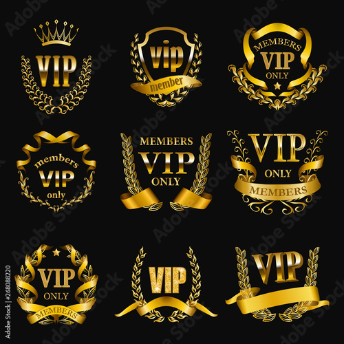 Set of gold vip monograms for graphic design on black background.