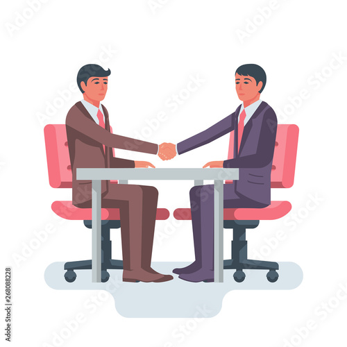 Handshake at the table. Beginning a business relationship. Two businessmen are sitting at the negotiating table. Vector illustration flat design. Isolated on white background. Agreement concept.
