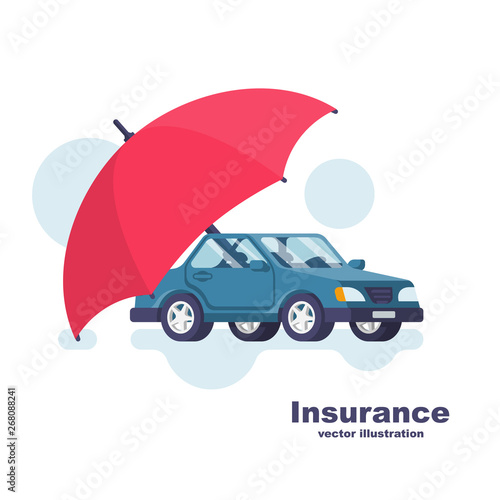 Insurance car. Cartoon style umbrella that protects the car. Safety auto concept. Vector illustration flat icon design. Isolated on white background. Vehicle protection.