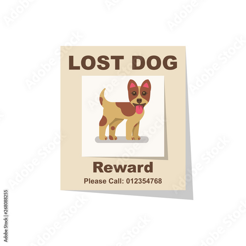 Lost dog. Reward for the find. Missing poster. Lost puppy poster. Sheet with the announcement of disappearance of pet on bulletin board. Vector illustration flat design. Isolated on white background.