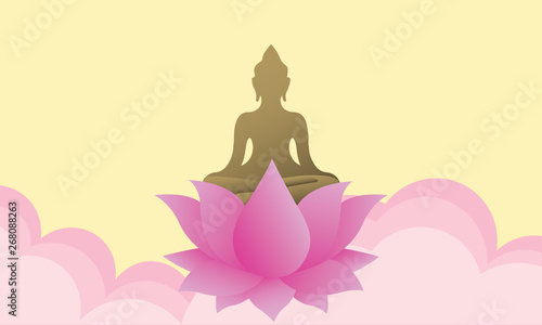 Happy Vesak day with Buddha lotus flower sign and Radius of light on yellow brown background art vector design - Vector