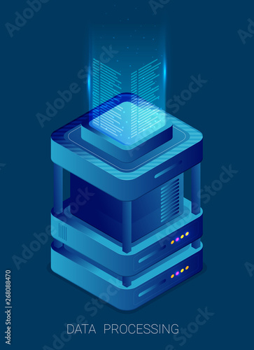 Concept of big data processing, energy station of future, server room rack, data center isometric vector illustration