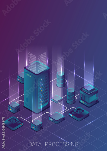 Concept of big data processing, energy station of future, server room rack, data center isometric vector illustration