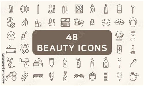 Set of 48 beauty and cosmetic Icons line style. Contains such Icons as makeup, perfume, hand mirror, comb, candle, eye patch, flavored oil, hairbrush and more customize color, easy resize.