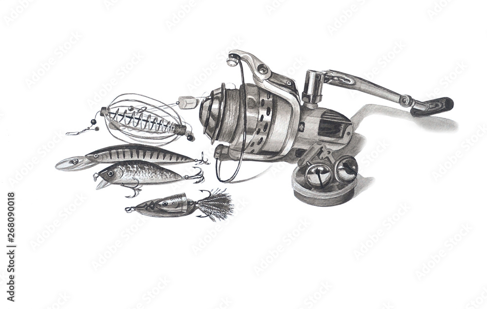Beautifully hand-drawn fishing gear isolated on white. Fishing reel, bell,  floats, hooks, bait for fishing spinning. Stock Illustration