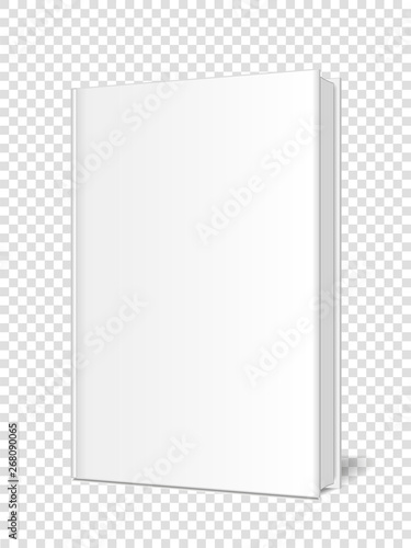  Mockup of a closed, vertically standing book, , notebook, organizer,  magazine on a transparent background. Perspective view. Vector illustration.