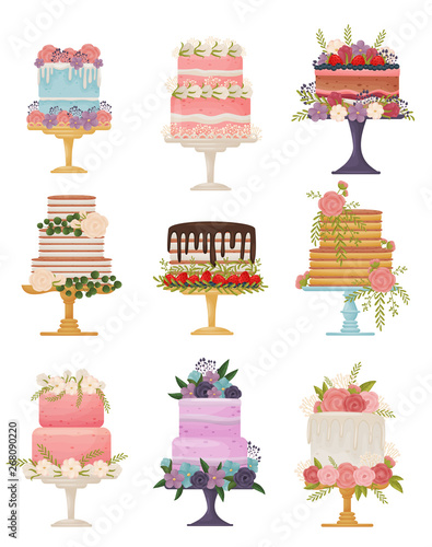 Collection of different types of cakes on a stand. Vector illustration on white background.