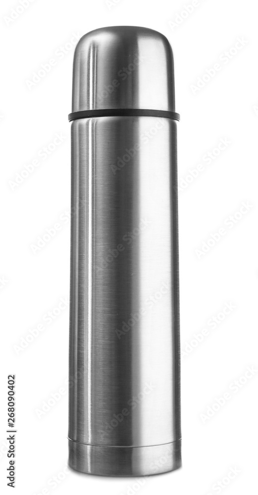 Stainless steel thermos on white background. Zero waste concept Stainless steel thermos on white background. Zero waste concept