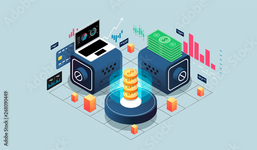 Isometric design concept virtual reality and augmented reality. software development and programming. Finance and payment system. isometric vector technology
