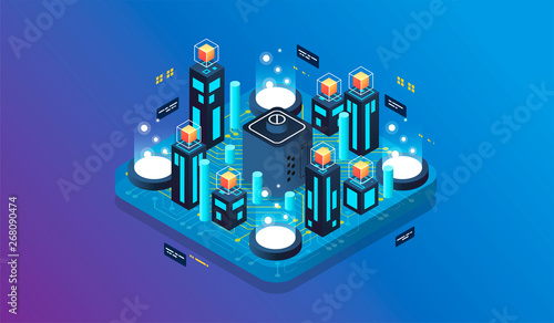 Isometric design concept virtual reality and augmented reality. software development and programming. Computation of big data center, quantum computer isometric vector technology