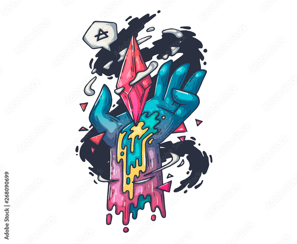 hand with magic crystal. Cartoon illustration for print and web. Character in the modern graphic style.