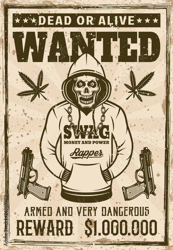 Rapper gangster skull in hoodie wanted poster