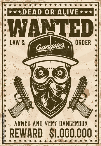 Gangster skull with bandana on face wanted poster