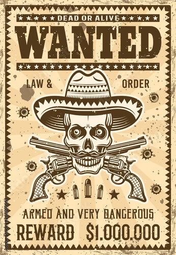Mexican bandit skull in sombrero wanted poster