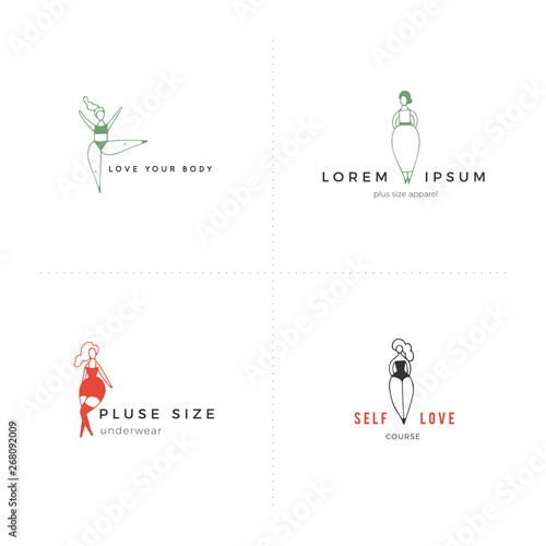 Body positive concept. Set of colored vector hand drawn icons with text. Happy attractive overweight women.