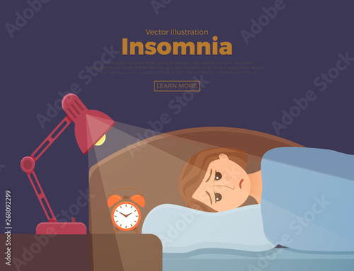 Sleepless woman face cartoon character suffers from insomnia. Girl with open eyes