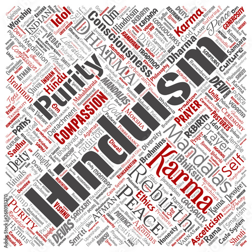 Vector conceptual hinduism, shiva, rama, yoga square red word cloud isolated background. Collage of mandalas, samsara, celebration, tradition, peace, compassion, rebirth, karma, dharma concept
