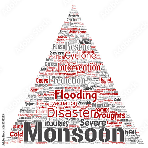 Vector conceptual monsoon dangerous weather triangle arrow meteorology word cloud isolated background. Collage of tropical dramatic storm force, strong wind blowing, rain hail thunderstorm concept
