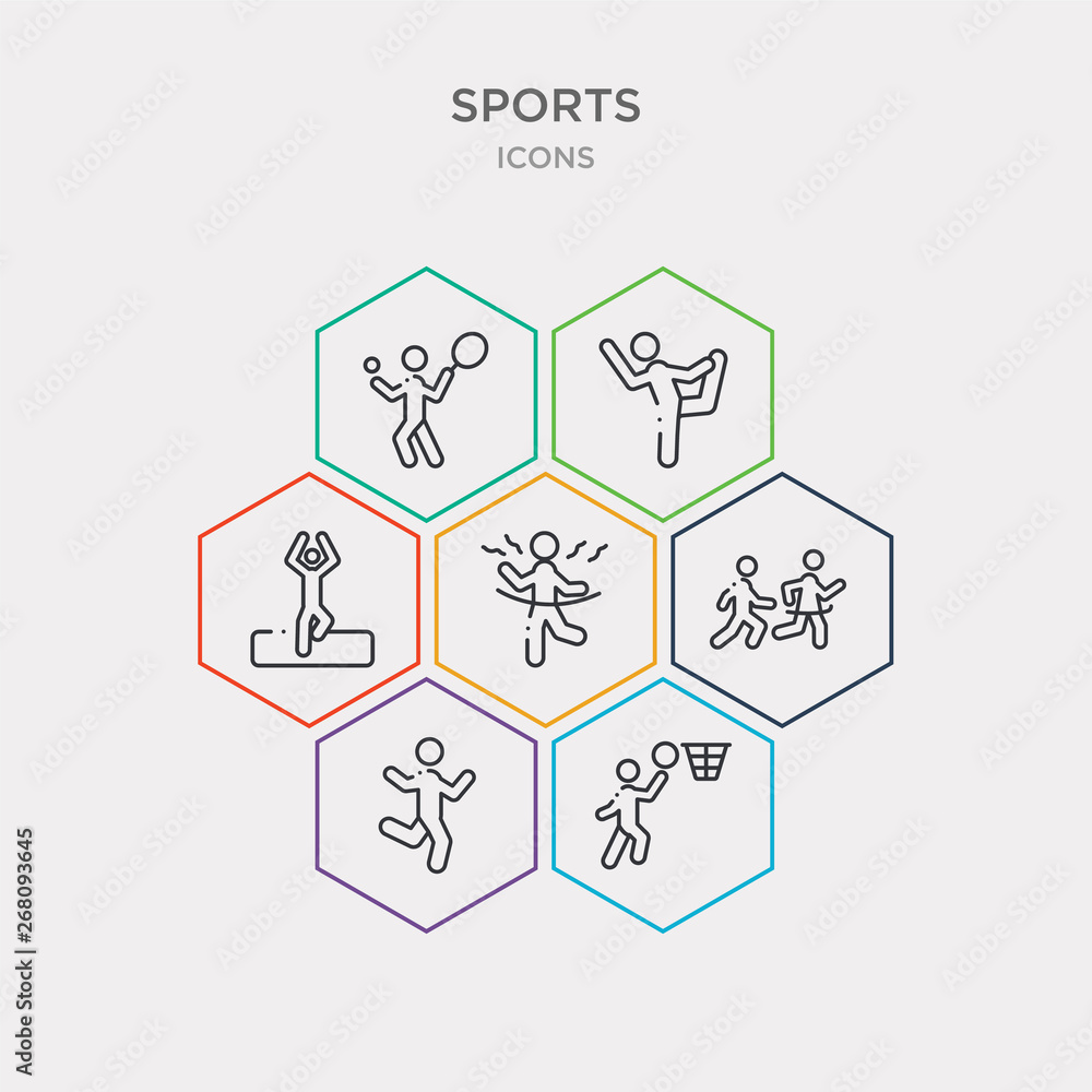 simple set of basketball player scoring, jumping dancer, running a race, winning the race icons, contains such as icons meditation yoga posture, dancer balance posture on one leg, man playing tennis