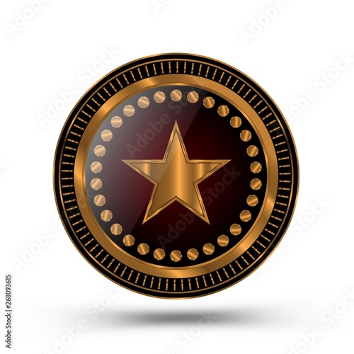 Gold medal in the style of the sheriff badge isolated on white background. Vector gold medal with star in the center for the winner of the competition, game, championship.
