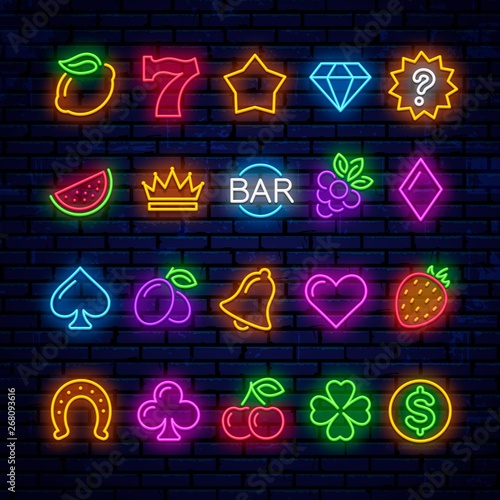 Bright neon icons for casino slot machine. Neon icon, logo, sign for the design of casino advertising, banner, online slot machines, poster, sign and more.