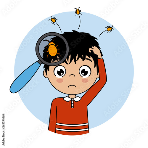 Child crying with lice on the head. Vector isolated