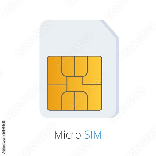 Micro SIM flat style design icon sign for smartphone or cell phone vector illustration isolated on white background. SIM card with chip symbol.