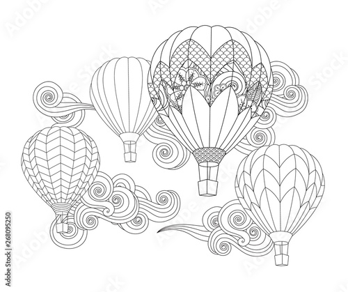Hot air balloons in the sky. Zentangle inspired doodle style isolated on white.