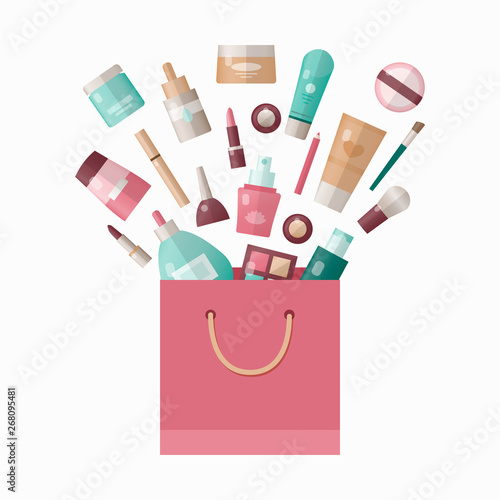 Vector illustration of cosmetics products in shopping bag