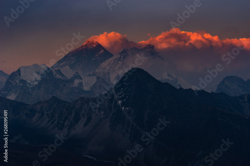 Sunset at Everest mountain peak highest peak in the world, Himalayas range, Nepal