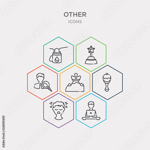 simple set of it specialist, sleepy, baby's rattle, king of the hill icons, contains such as icons man with magnifying flass, star prize, oil can and more. 64x64 pixel perfect. infographics vector