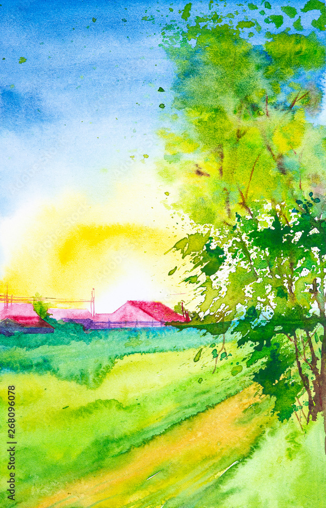 Watercolor illustration of a beautiful sunset in a Russian village surrounded by trees