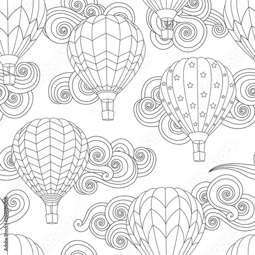 Seamless pattern with image of Hot air balloon in zentangle inspired doodle style isolated on white.