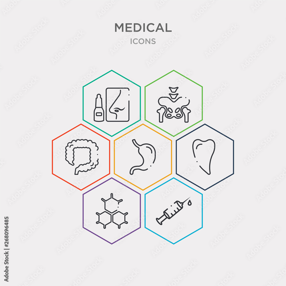 simple set of syringe with medicine, three hexagons cell, canine, esophagus icons, contains such as icons colon, pelvis, nasal and more. 64x64 pixel perfect. infographics vector
