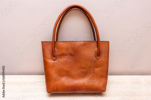 Brown leather handmade tote shopper bag