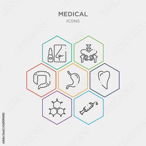 simple set of syringe with medicine, three hexagons cell, canine, esophagus icons, contains such as icons colon, pelvis, nasal and more. 64x64 pixel perfect. infographics vector