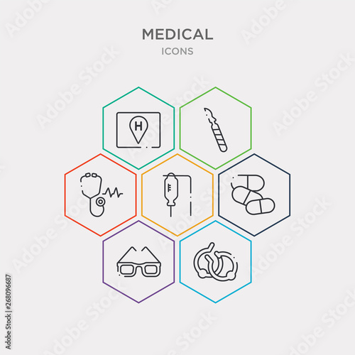 simple set of round earrings, glasses for eyes, cure, perfusion icons, contains such as icons stethoscope medical heart beats control tool, scalpel or knife medical surgery cutting tool, hospital