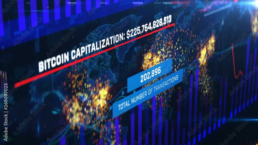 Number of bitcoin transactions growing, digital currency capitalization, report. Bitcoin capitalization, transaction countdown, economic outlook, infographics