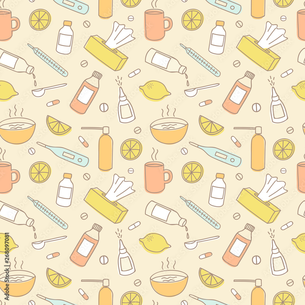 Flu treatment colorful doodle seamless pattern. Flu treatment colorful doodle seamless pattern.