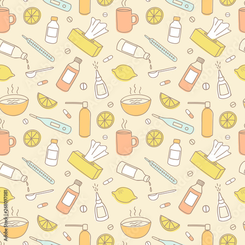 Flu treatment colorful doodle seamless pattern.