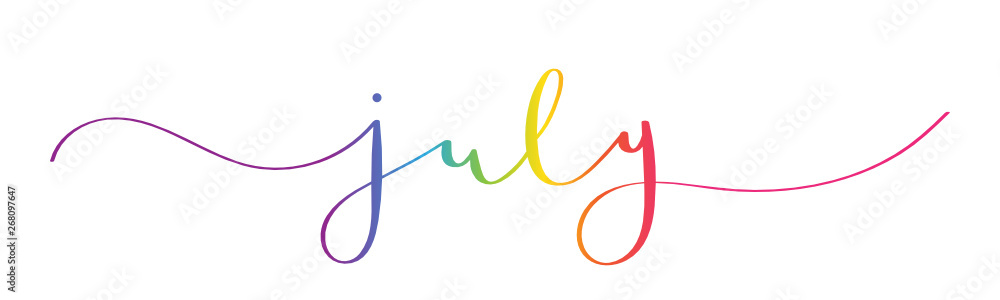JULY rainbow brush calligraphy banner with swashes - obrazy, fototapety, plakaty 