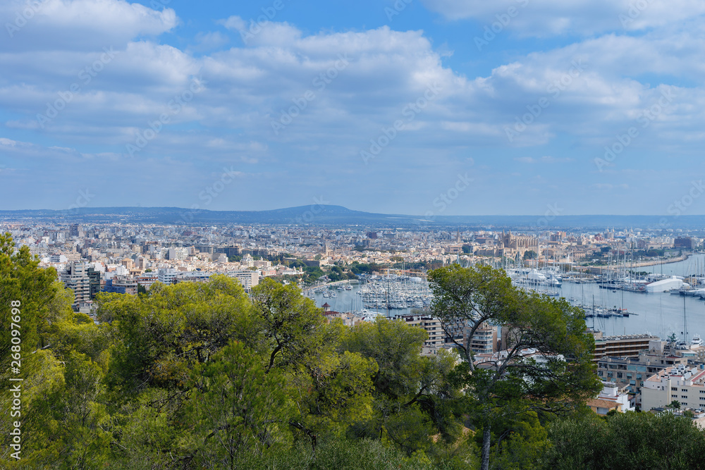 top view of the bay with yachts and the Spanish city of Palma de Mallorca on the background of mountains and cloudy sky